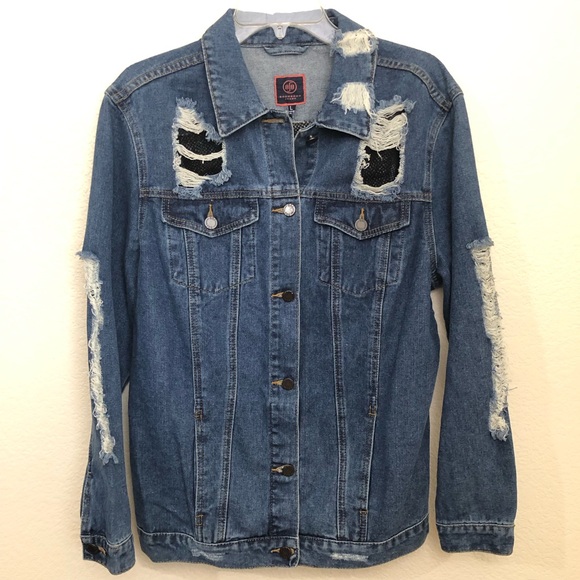 BOOM BOOM JEANS Womens Large Denim Jean Jacket Fishnet Cutouts Destroyed NWOT - Picture 3 of 14